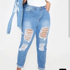 NWT Pretty Little Thing Mid Wash Extreme Ripped Turn Up Mom Jeans
